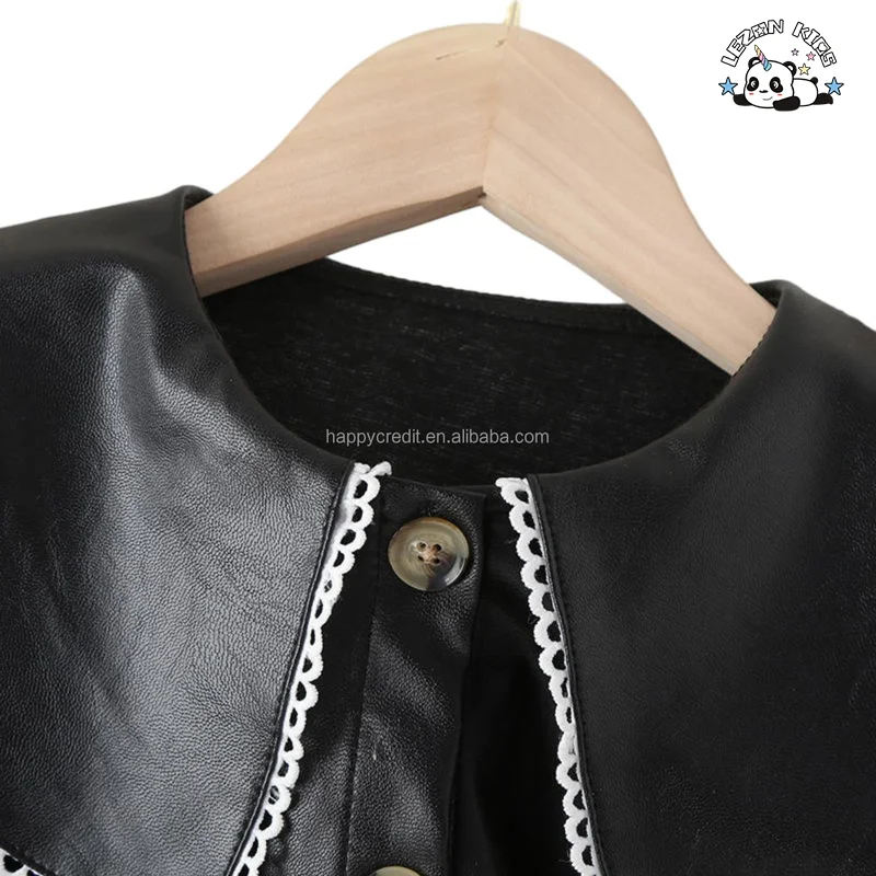 LEZONKIDS - Saia de couro PU média longa de outono e inverno para meninas, Vestido de couro preto com lapela para crianças